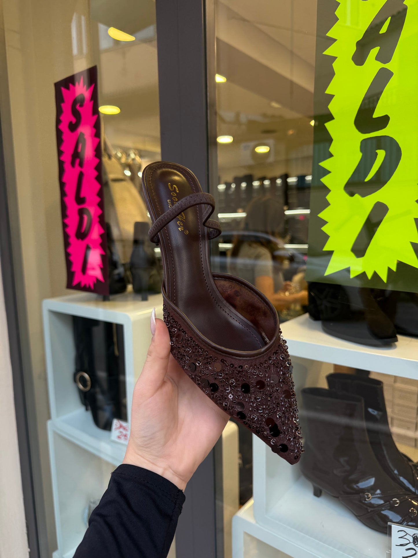 slingback choco con paillettes